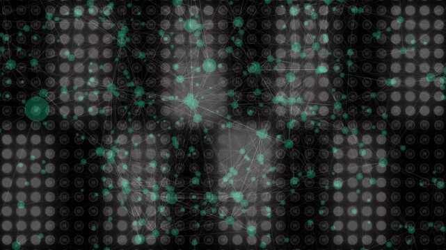 Animation of green nodes and connections forming network on digital background