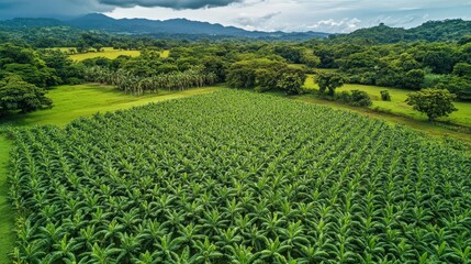 Lush green tobacco fields stretch towards distant, misty mountains under a cloudy sky. A vibrant landscape of agricultural beauty