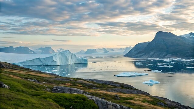 Icebergs arctic landscape greenland mountains ocean nature travel destination scenic view glacier bay fjord cold icescape