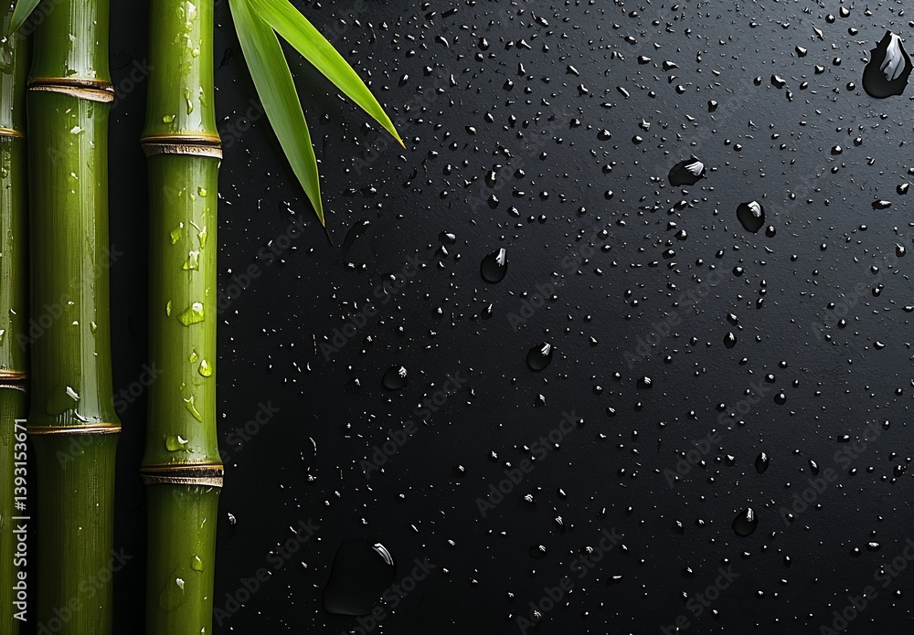 Poster a stunning arrangement of bamboo stalks with droplets on a dark background capturing the essence of 