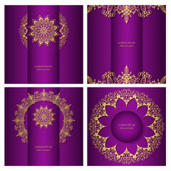 Mandala. Four luxurious purple backgrounds with a gold openwork pattern. Ethnic ornament in the design of invitations, postcards, posters.