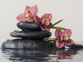 Magnificent arrangement of orchids on serene stacked stones in tranquil water setting : Generative AI