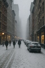 Obraz premium Snowy Street in a Bustling City With Pedestrians and Cars During Winter Weather Conditions