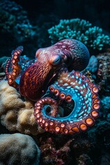 Obraz premium Octopus resting on coral reef, displaying vibrant color patterns