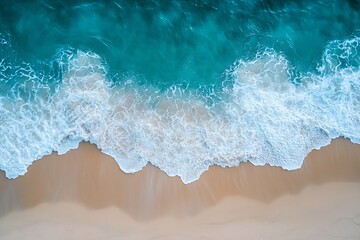 Fototapeta premium Aerial View of Ocean Waves Crashing on Sandy Beach Creating Beautiful Seascape for Nature Photography : Generative AI