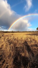 A beautiful rainbow arcs across a wide open grassy landscape