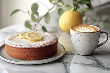 Contemporary Mother's Day brunch with a vegan lemon cake and a ceramic cup of latte, displayed on a sleek, minimalist table.
