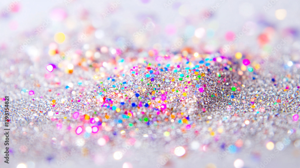 Poster a close up of colorful glitter scattered on a white surface with a soft blurred background effect
