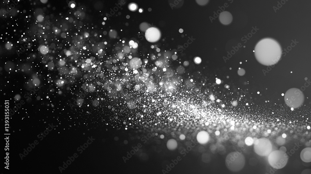 Poster a monochrome image showing a cascade of sparkling white particles against a dark gray background