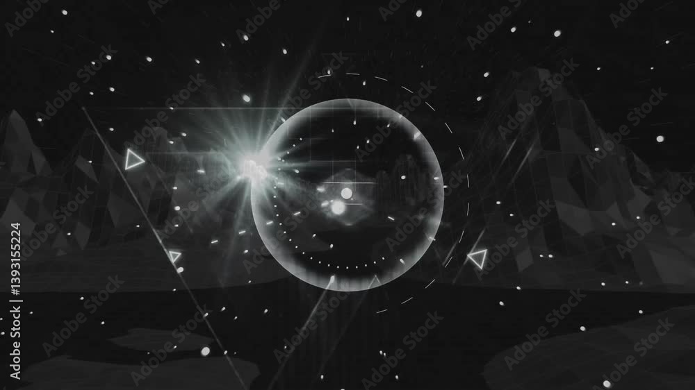 Poster animation of abstract geometric shapes forming dynamic network in dark space