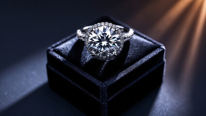 Fototapeta premium Sparkling Diamond Engagement Ring Set On A Black Velvet Box Close Up View