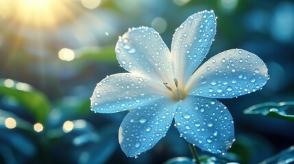 Delicate white flower with water droplets, bathed in sunlight
