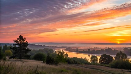 Obraz premium Landscape sunrise river morning sky clouds trees nature scenic view beautiful dawn sunlight horizon