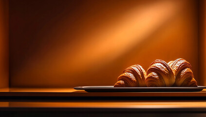 Croissants on a silver plate against a warm orange background