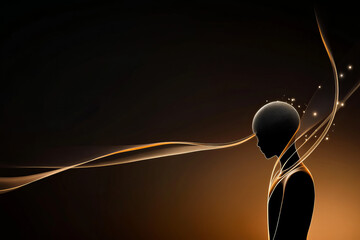 Silhouette of a person with abstract light waves against dark background