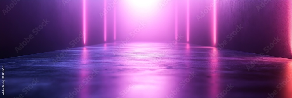 Leinwandbilder Futuristic Hallway with Neon Lights Abstract Design Concept. Bright Violet Glow Background with Dark Floor. Tech Space Design : Generative AI