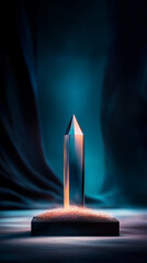 Crystal obelisk illuminated on sand base with dark backdrop