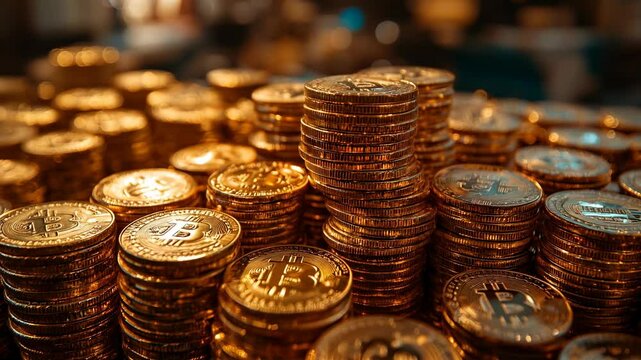 Stacks of golden bitcoin coins glowing under warm light, wealth and digital economy concept, hyper-realistic macro shot, luxury ambiance, cryptocurrency treasure