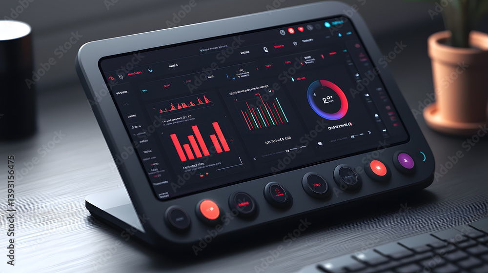 Poster sleek dark-themed control panel displays real-time data with graphs and charts. physical buttons off