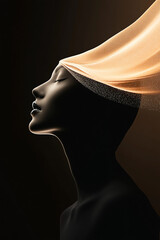 Elegant silhouette with flowing fabric on dark background