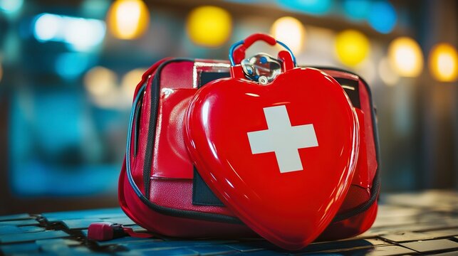 AED positioned on a medical bag in a well-lit urban environment ready for immediate use