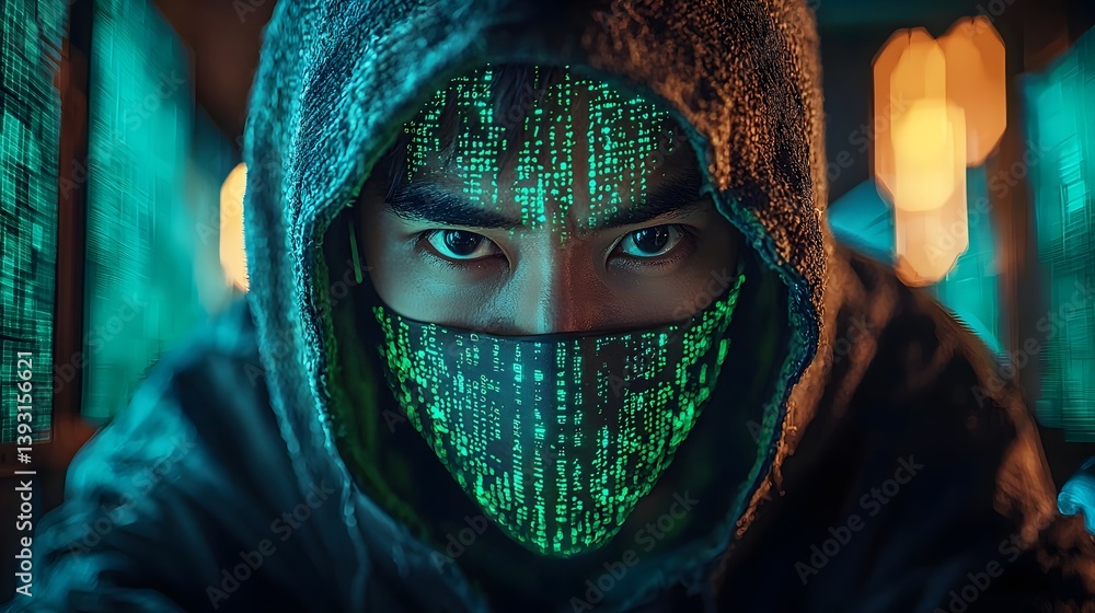 Aufkleber hacker in dark room surrounded by screens of glowing green code