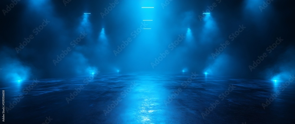 Poster mysterious blue lit stage with fog dark moody background spotlights and futuristic ambiance for conc