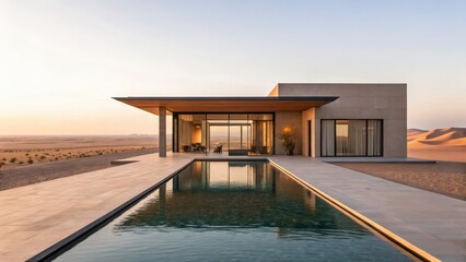 Fototapeta premium A modern desert home with a sleek design, featuring a pool and expansive views of the surrounding landscape at sunset.