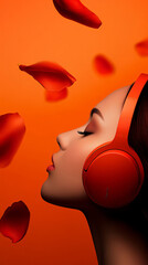 Woman enjoying music with headphones against an orange background
