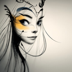 Artistic portrait of a woman with flowing hair and abstract features