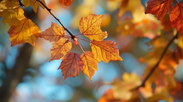 Vibrant autumn maple leaves in golden and orange hues delicately hanging from branches, capturing the ethereal beauty of fall's transformative palette against a soft blue bokeh background. - Powered by Adobe