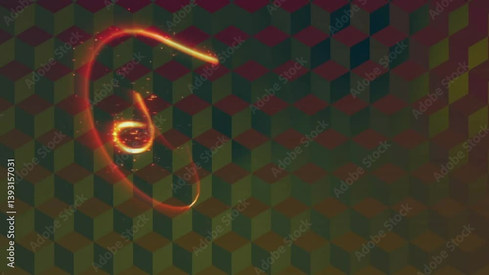 Poster animation of glowing light trails moving over colorful geometric cube pattern