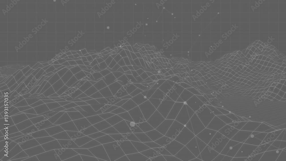 Poster floating particles and grid lines in digital space creating animation landscape