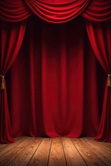 Rich red curtain, polished wooden stage, dramatic lighting , high angle, dramatic
