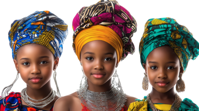 Portrait of three beautiful Africans girls wearing traditional costume isolated on white background