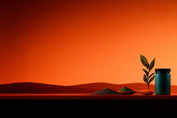 Herbal ingredients with green plant against warm orange background