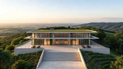 A modern hillside house with large glass windows, surrounded by greenery and offering panoramic views of the landscape.