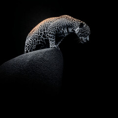 Jaguar crouching on rock in dark environment