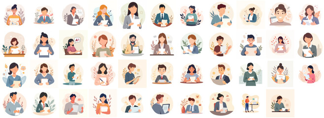 collection of People reading and holding paper documents in modern flat illustration style with soft colors	