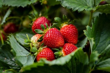 Close Up Of Fresh Strawberries Growing On Plant In Organic Garden