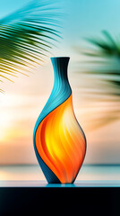 Colorful glass vase against sunset background