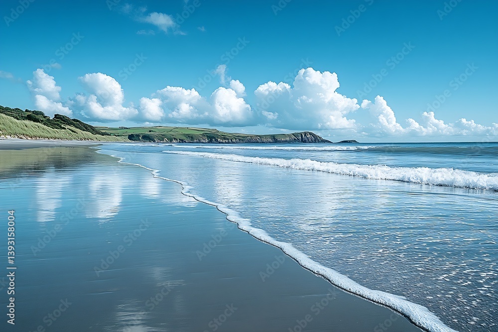 Poster picturesque beach scene with turquoise water and white clouds serene coastal view with sand and wave