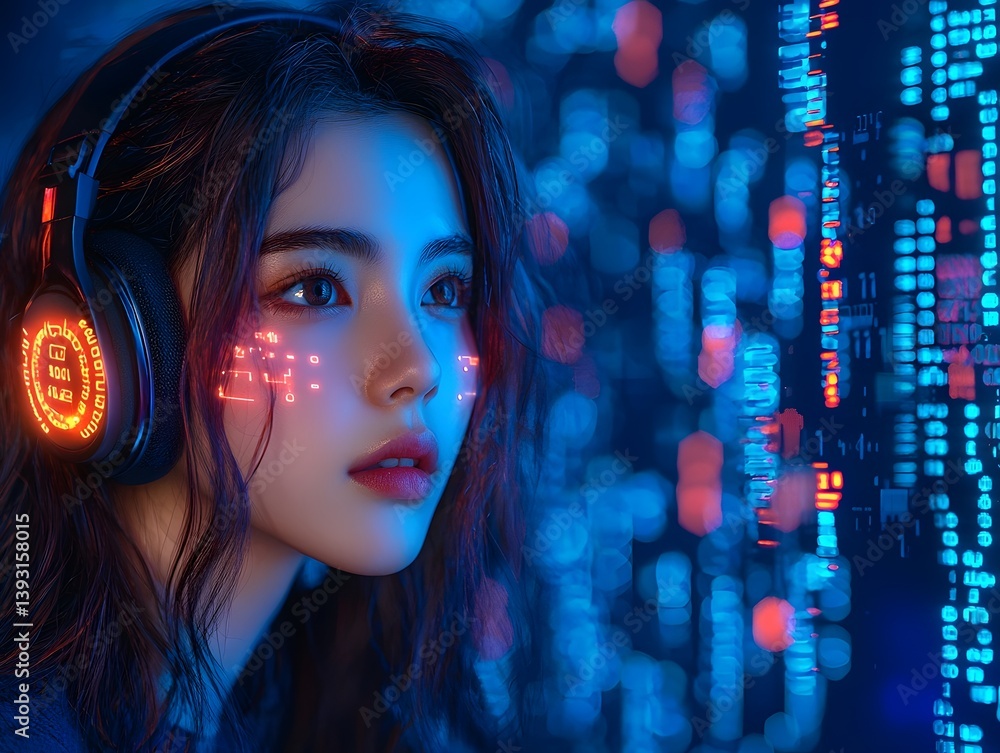 Poster a female hacker with glowing tattoos and a digital headset surrounded by streams of binary code in a