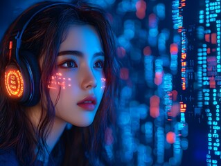 A female hacker with glowing tattoos and a digital headset surrounded by streams of binary code in a vibrant blue hue