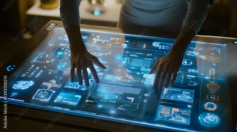 Poster close-up of hands interacting with a futuristic, transparent holographic touchscreen interface displ