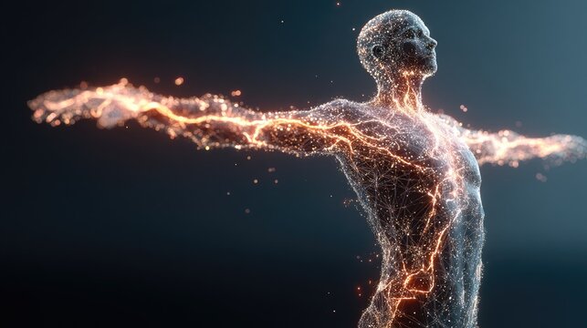 A human body radiates vibrant energy in light blue and orange against a dark background, capturing a moment of dynamic energy