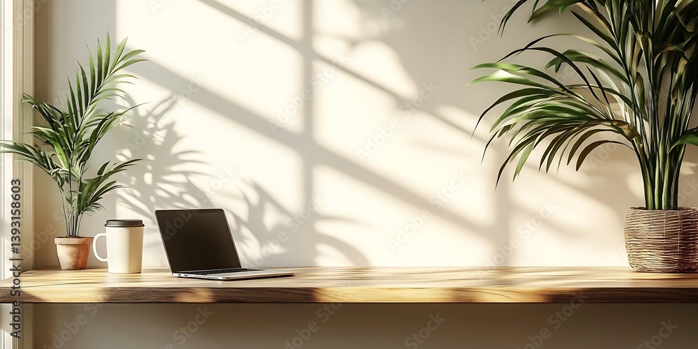 Poster modern workspace laptop coffee and plants on a wooden desk with natural light streaming through a wi