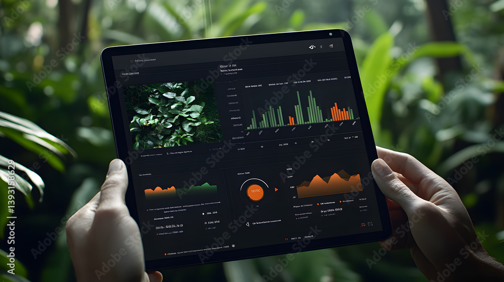 Poster hands hold a tablet displaying agricultural data. charts and graphs show plant growth metrics, soil 