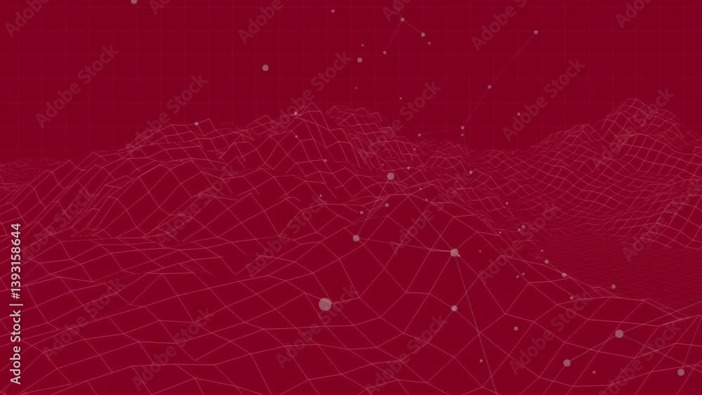 Poster floating spheres and abstract geometric patterns in red grid landscape animation