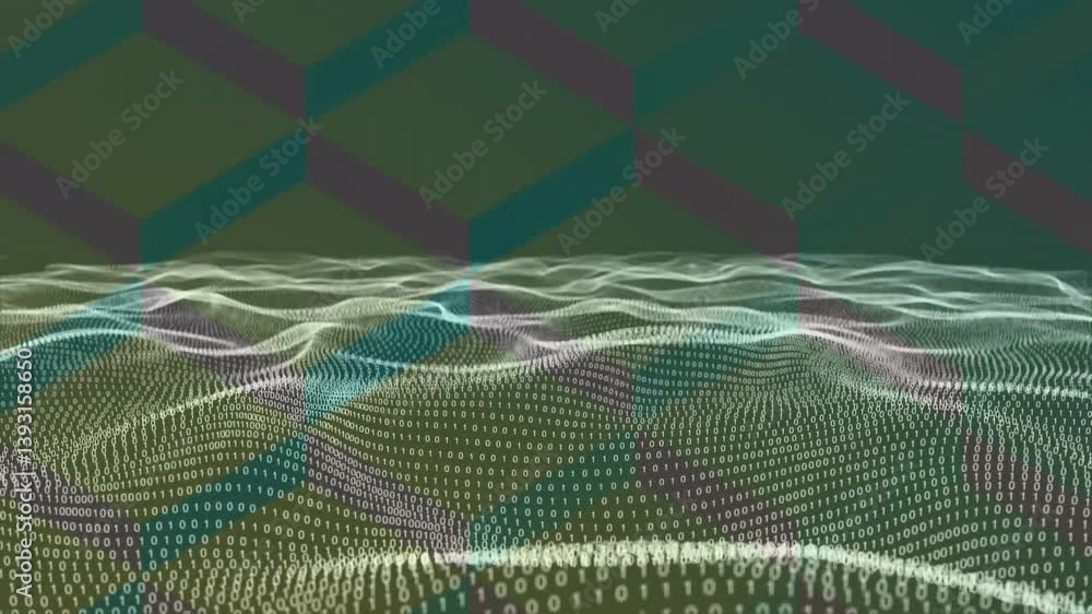 Poster binary code forming animation over geometric background, creating digital landscape